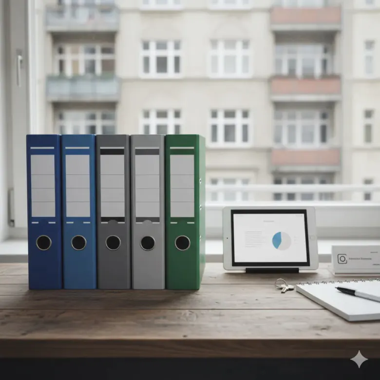 Büro der Hausverwaltung mit Aktenordnern, Tablet und Blick auf ein Mehrfamilienhaus